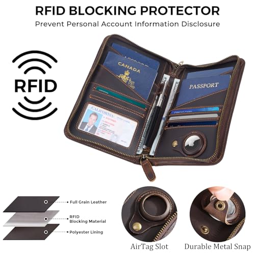 Polare Full Grain Leather Passport Holder Cover Case for Men and Women RFID Blocking Family Travel Wallet Holds 6 Passports - color: Dark Brown with AirTag Slot