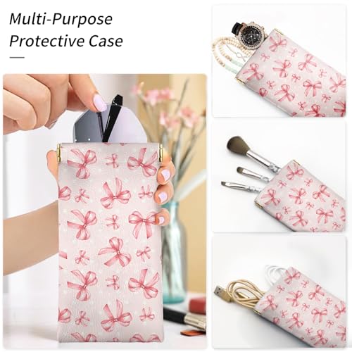 Glasses Case Soft, Eyeglass Cases for Women Portable Squeeze Top PU Leather 2 Pack Glasses Pouch with Cleaning Cloth - color: 2pcs Pink Bow