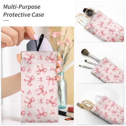 Glasses Case Soft, Eyeglass Cases for Women Portable Squeeze Top PU Leather 2 Pack Glasses Pouch with Cleaning Cloth - color: 2pcs Pink Bow