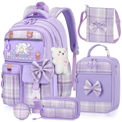 Girls Backpack with Lunch Box Set, 5pc Purple Cute Kawaii Bookbag for Teens, Aesthetic School Backpack for Elementary - color: Purple