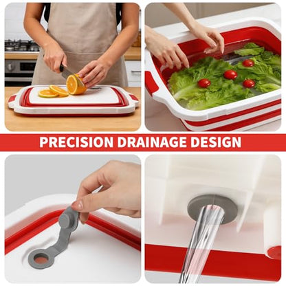 XUDAKAIXIN Collapsible BBQ Prep Tub for Meal Prep, Marinating,Food Storage, picnics, camping, barbecues,cutting fruits and vegetables - Includes Cutting Board and Locking Lid,(X-Large) Red - color: (X-Large)Red