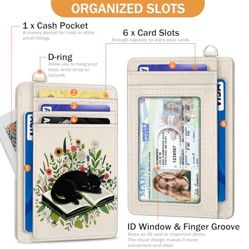 Yonlevres Credit Card Holder Slim Wallet, Floral Cat RFID Wallet Women Front Pocket Small Card Holder, Travel Cute Funny Thin RFID Blocking Case Organizer ID Window PU Leather Gifts - color: Cat Book