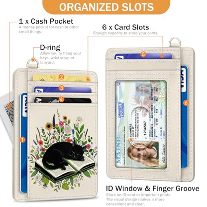 Yonlevres Credit Card Holder Slim Wallet, Floral Cat RFID Wallet Women Front Pocket Small Card Holder, Travel Cute Funny Thin RFID Blocking Case Organizer ID Window PU Leather Gifts - color: Cat Book