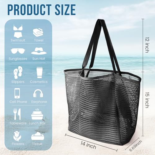 HOHOM Beach Bags for Women, Summer Travel Mesh Tote Bag with Large Inner Pocket, Sandproof Woven Shoulder Handbag - color: Coal Black