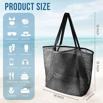 HOHOM Beach Bags for Women, Summer Travel Mesh Tote Bag with Large Inner Pocket, Sandproof Woven Shoulder Handbag - color: Coal Black