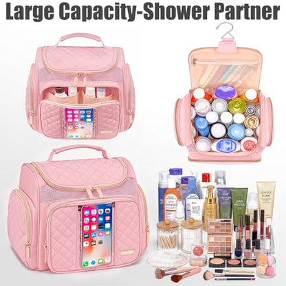 Large Toiletry Bag for Women Men,Bathroom Bag,Water Resistant Shower Bag,Makeup Bag,Toiletry Bags for Traveling,Hanging Toiletry Bag with Transparent Waterproof Phone Pocket (Pink) - color: Pink