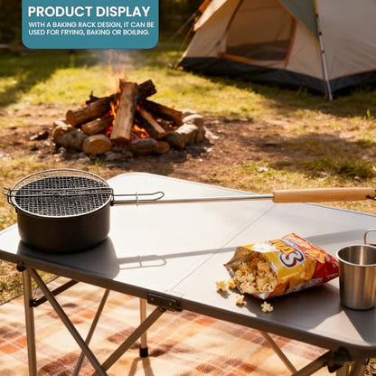 Portable outdoor camping pot, detachable long handle, popcorn pot, non-stick coating and mesh cover, portable and easy to store, black, stainless steel handle with wooden handle for heat resistance