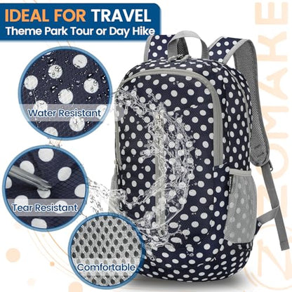 ZOMAKE Ultra Lightweight Packable Backpack 25L - Foldable Hiking Backpacks Water Resistant Small Folding Daypack for Travel(Navy Blue,White polka dots) - color: Navy Blue,white Polka Dots