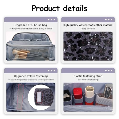 BOYATU Travel Makeup Bag Organizer: 3 Pcs Set Leopard Make up Bag for Women | Vegan Leather Cosmetic Bags with Compartments - Waterproof Toiletry Bag - 180° Open-Flat Make up Case for 3-15 Day Trips - color: 04-Purple