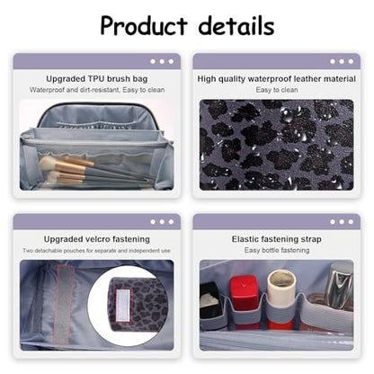 BOYATU Travel Makeup Bag Organizer: 3 Pcs Set Leopard Make up Bag for Women | Vegan Leather Cosmetic Bags with Compartments - Waterproof Toiletry Bag - 180° Open-Flat Make up Case for 3-15 Day Trips - color: 04-Purple