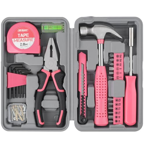 Hi-Spec Tool Set 25pc Pink Household DIY Tool Kit for Women. Small Mini Tool Box Set of Starter Basic Ladies Tools - color: Pale Pink, size: 25 Piece