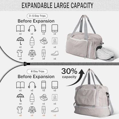 Travel Duffel Bag, 30–40L Expandable Weekender Bag with Shoe Compartment, Foldable Carry On Travel Bag with Wet Pocket and Matching Pouch - color: Grey