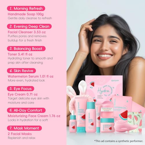 QUIYUM Watermelon Skin Care Kit for Teens Girls, 8 Daily Routine Beauty Skincare- Gift Set with Cleanser, Toner, Eye Cream, Moisturizer, Serum, 2 Facial Mask, Soap, Hydrate, Oil Control, Glow, Smooth - size: 7 Pieces