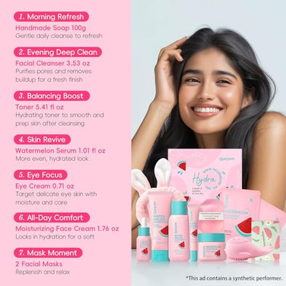 QUIYUM Watermelon Skin Care Kit for Teens Girls, 8 Daily Routine Beauty Skincare- Gift Set with Cleanser, Toner, Eye Cream, Moisturizer, Serum, 2 Facial Mask, Soap, Hydrate, Oil Control, Glow, Smooth - size: 7 Pieces