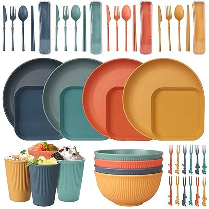 48 Pcs Dinnerware Sets, Unbreakable Plates and Bowls Sets, Reusable Dinnerware Sets for 4 People, Travel Camping Picnic Home Party Cutlery Set, Dishwasher Microwave Safe Dishes - color: Colorful, style: 48PCS