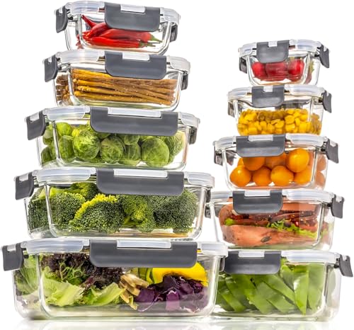 coccot Glass Food Storage Containers with Lids Airtight, Glass Meal Prep Containers for Lunch Food, Container Set, Easy to Open& Close/Microwave,Oven,Freezer,Dishwasher Safe/Leak-Proof（20 Pieces） - color: clear