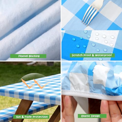 Picnic Table Cover with Bench Covers, Fitted 6ft Waterproof Tablecloth Set for Outdoor Camping & RV - Includes 1 Table Cover & 2 Bench Covers with Drawstring Storage Bag, 30"x72", White Blue Grid - color: White Blue Grid