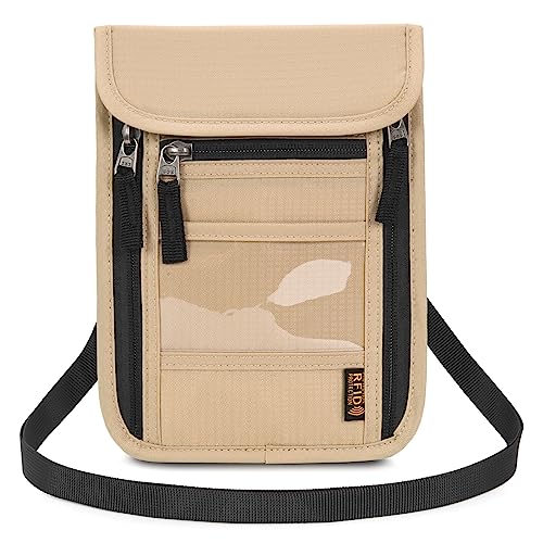 Neck Wallet Lightweight RFID Blocking Waterproof Travel Pouch Passport Wallets for Women Men - color: B-Khaki