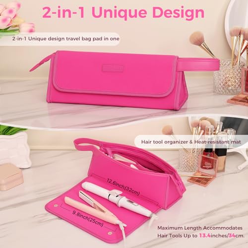 JKAOO Hair Tools Travel Bag and Heat Resistant Mat, 2 in 1 Portable Organizer Hair Travel Case for Curling Iron, Hair Straightener, Flat Irons, PU Hangable Handle, Neoprene (Vibrant RoseRed) - color: Vibrant Rosered