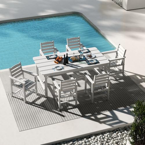 Outdoor HDPE Dining Set 7 Pieces, Patio Table with Umbrella Hole and 6 Chairs, All Weather Patio Furniture for Lawn, Garden, Backyard, Deck, Poolside, Heavy Duty Outdoor Dining Table and Chairs, White - color: White, size: 7-Piece (1 Table + 6 Chairs)