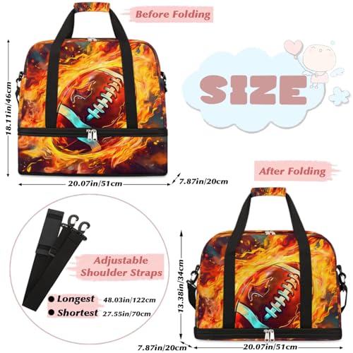 Travel Duffel Bag Football Fire Weekender Bag with Shoe Compartment Foldable Overnight Bags for Travel Sports Lightweight Gym Bags for Men Women - color: Football Fire