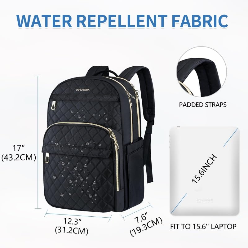 KROSER Laptop Backpack 15.6 Inch Stylish Daypack with USB Charging Port, Water-repellent Nylon Backpack Backpack for Travel/Business/Women/Black - color: Quilted Black