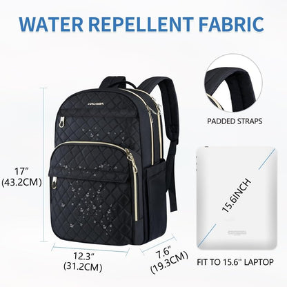 KROSER Laptop Backpack 15.6 Inch Stylish Daypack with USB Charging Port, Water-repellent Nylon Backpack Backpack for Travel/Business/Women/Black - color: Quilted Black