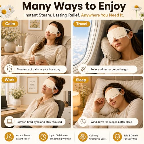 Eye Serenity Steam Eye Mask, Heated Eye Mask, Self Heating Warm Compress for Dry Eyes, Fast Relief for Stye, Puffy Sensitive Eyes, Moist Heat, Relaxation Gifts for Women and Men - Chamomile - color: Chamomile 15 Pack, size: 15 Eye Masks