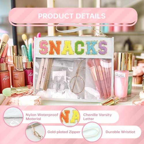 Siwara Snack Bags Clear Pouch Travel Makeup Bag Chenille Letter Bags for Zipper Pouch Clear Cosmetic Bag Clearly Tote Bag Makeup Travel Bags for Women - color: White--Snack