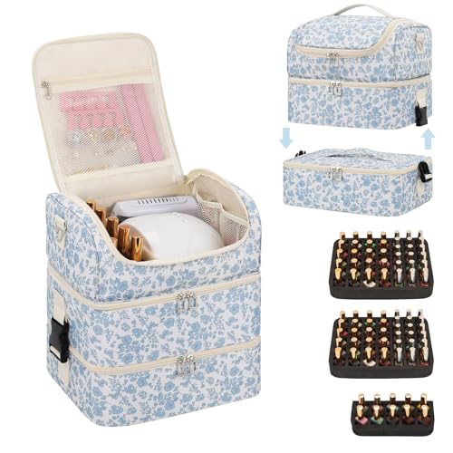 Extra Large Nail Polish Organizer - Three Layer Nail Organizers And Storage Bag, Portable Nail Supplies Organizer Case, Nail Tech Kit Travel Carrying Box with Shoulder Strap (Floral Blue, 86 Slots) - color: Floral Blue, size: 86 Slots