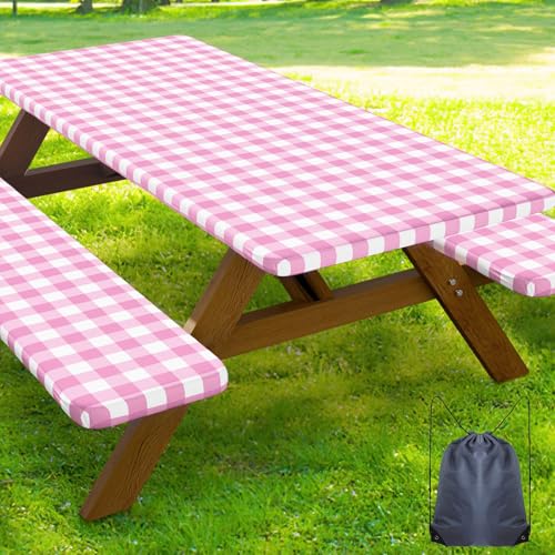 Smiry Picnic Table Cover with Bench Covers, Waterproof Elastic Fitted Tablecloths for 5 Foot Rectangle Tables, Washable Buffalo Plaid Tablecloth for Camping, Outdoor (Pink & White, 30"x60") - color: Pink and White, size: 30" x 60"