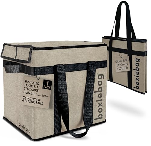 Boxiebag Reusable Grocery Bag (Single) – Durable Reusable Shopping Bag Box. Insulate, Stand Up, Stay Open, Fold Flat – Large Tote Bag with Long Handles & Reinforced Bottom.