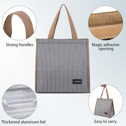 Insulated Lunch Bag for Work, 10.2"x5.9"x10.2" Oxford Waterproof Striped Canvas Tote Bag - color: Black White