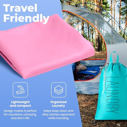 Extra Large Travel Laundry Bag - 2-Pack Fun Print Design Bags for Dirty Clothes - Durable Water-Resistant Fabric - Sturdy Drawstring Closure (Pink-Teal | Laundry) - color: Pink-teal | Laundry