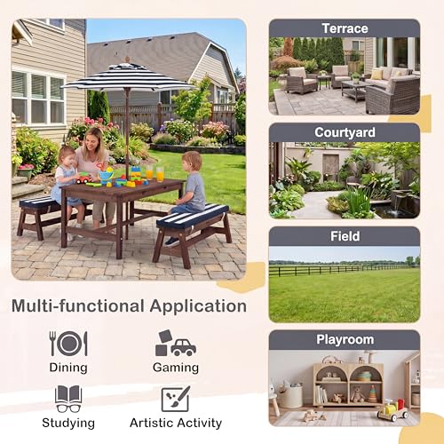 HONEY JOY Kids Picnic Table, Large 42” x 23” Tabletop, Fir Wood Toddler Outdoor Table & Bench Set w/Removable Cushions & Umbrella, Children Backyard Furniture for Patio Garden, Seats for 4 (Blue) - color: Blue