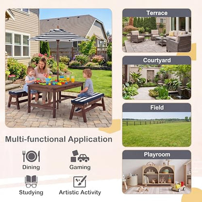 HONEY JOY Kids Picnic Table, Large 42” x 23” Tabletop, Fir Wood Toddler Outdoor Table & Bench Set w/Removable Cushions & Umbrella, Children Backyard Furniture for Patio Garden, Seats for 4 (Blue) - color: Blue