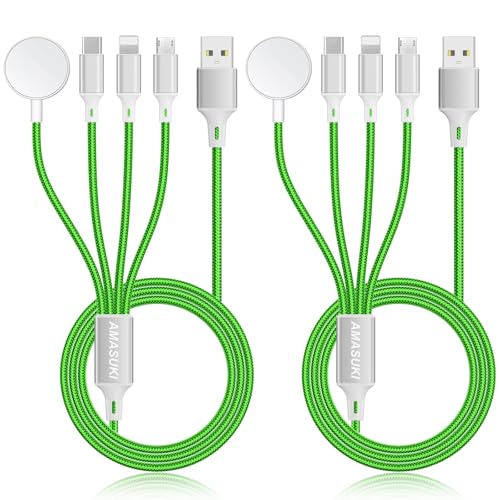 2Pack Multi Charging Cable for Apple Watch Charger 4 in 1 Travel Essentials RV Camping Essentials USB C/L/Micro Compatible with iWatch Series 11-1/iPhone 17/16/15/Android Airplane Gadgets-4FT/Green - color: Green, size: 4FT+4FT