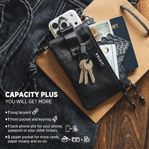 VULKIT RFID Blocking Travel Wallet for Men Women, Water Resistant Passport & Phone Holder with Detachable Lanyard and Key Ring, Lightweight Zipper Travel Wallet - color: Black