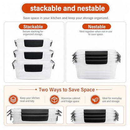 YORY 9 cup Plastic Food Storage Containers with Lids Nestable Freezer Dishwasher Safe Rectangle Meal Prep Container Set,5-Pack - size: 9 cups