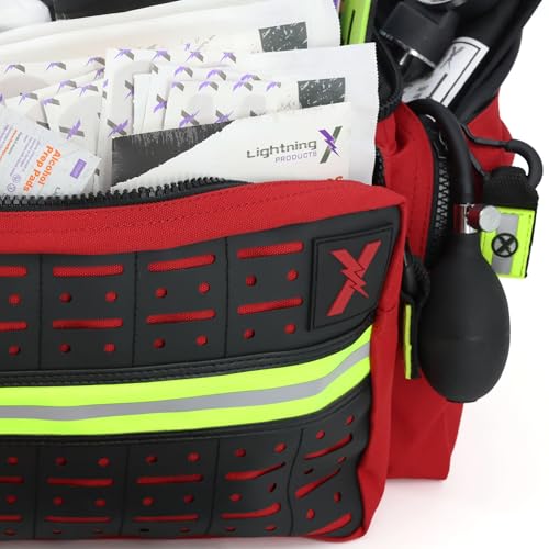 Lightning X Mid-Sized First Responder EMT Bag | LXMB25 | Fully Stocked w/ 240+ First Aid, EMS & Trauma Supplies - RED - color: Red