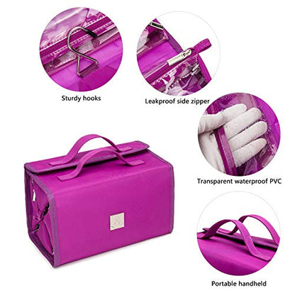 ROYALFAIR Roll Up Makeup Bag, Travel Toiletry Bag for Women with 4 Clear TSA Approved Pouches, Hanging Travel Organizer, Folding Cosmetic Bag for Men and Women - color: Purple