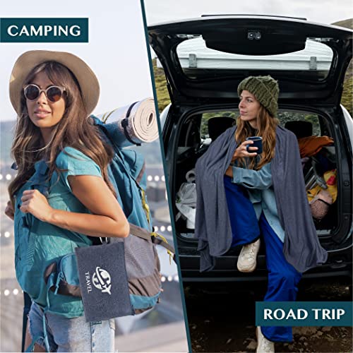 PAVILIA Travel Blanket Compact, Airplane Packable Bag, Soft Fleece Portable Throw Pillow Combo Set, Plane Flight Car Trips Essentials Gift Accessories, Luggage Backpack Clip, Navy Blue, 65 x 40 inch - color: Navy