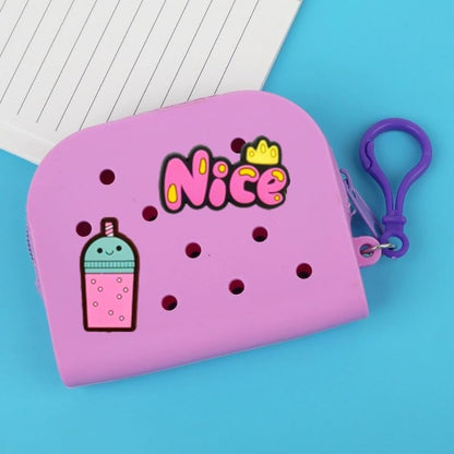 Soft Silicone Mini Coin Purse with Zipper and Cartoon Hole,with 15 pcs DIY Charms. Portable Keychain Pouch Organizer (Purple) - color: Purple