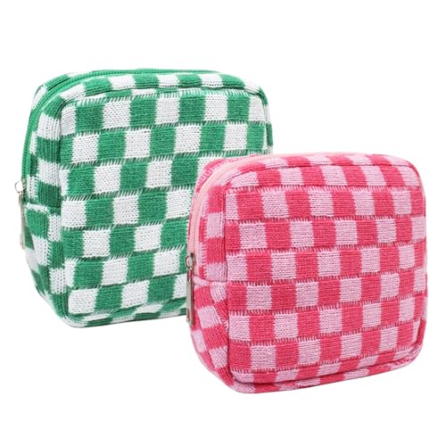 2 Pieces Makeup Bag Small, Mini Checkered Make Up Bag Travel Cute Cosmetic Bags for Women Preppy Makeup Pouch for Purse Zipper Makeup Organizer Case Period Bag Sanitary Napkin Storage Bag for Girls - color: 2Pcs-Pink+Green