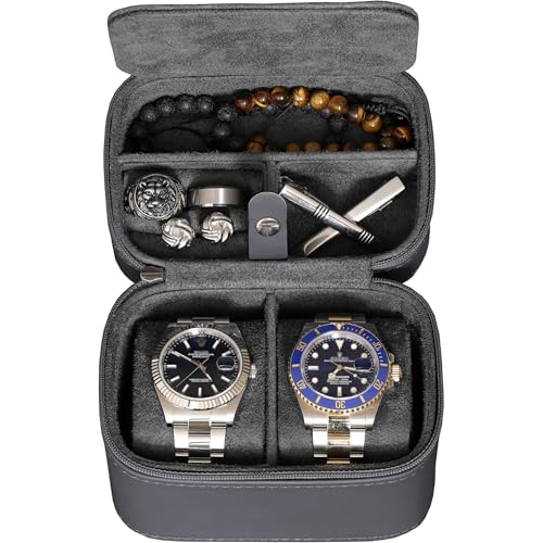 ROTHWELL 2 Watch Travel Case Storage Organizer for 2 Watches | Tough Portable Protection w/Zipper Fits All Wristwatches & Smart Watches Up to 50mm - color: Carbon - w/ Accessory Lid
