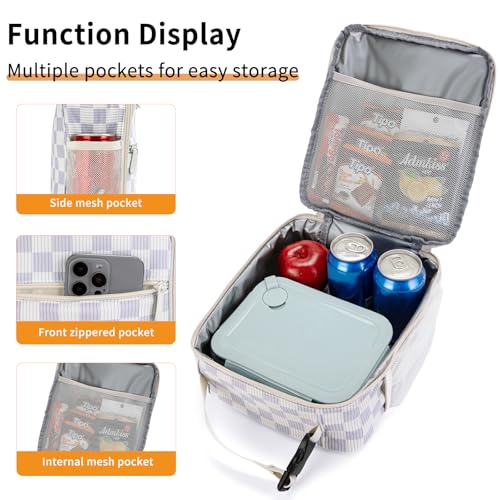 Lunch Box for Women Men Adult Insulated Lunch Bag Women Men Small Reusable Lunchbox for Work Picnic Travel (Beige-Purple Plaid) - color: Beige-Purple Plaid