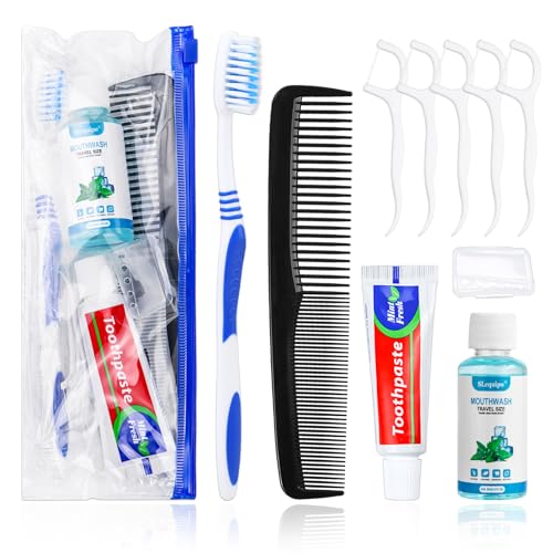 10 Set Travel Toothbrush Kit Bulk,Disposable Toothbrush with Toothpaste Set with Mouthwash,Toothpaste,Cover,Comb,Zip Bag,Floss Picks,Toothbrushes Set for Homeless,Travel - size: 1 Count (Pack of 10)