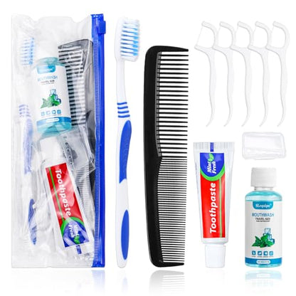 50 Set Travel Toothbrush Kit Bulk,Disposable Toothbrush with Toothpaste Set with Mouthwash,Toothpaste,Cover,Comb,Zip Bag,Floss Picks,Toothbrushes Set for Homeless,Travel - size: 1 Count (Pack of 50)