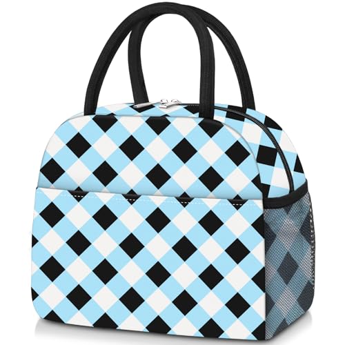 KUBYA Lunch Bag Lunch Box for Women Adult Men Insulated Quilted Reusable Large Lunch Tote Bag Leakproof Simple Cooler Bag for Work Office Picnic Beach or Travel - color: B-Blue White Black Grid, size: Medium - 10L