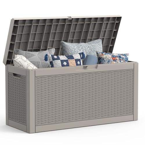 Mars Villa 60 Gallon Deck Box with Seat, Resin Outdoor Storage Box Waterproof, Lockable Lid, Weatherproof and UV Resistant, for Patio Furniture Cushions, Pool Supplies, Garden Tools, Grey - color: Grey, size: 60 Gallon Bench